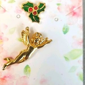 ENAMEL Christmas HOLLY & ANGEL lapel pin